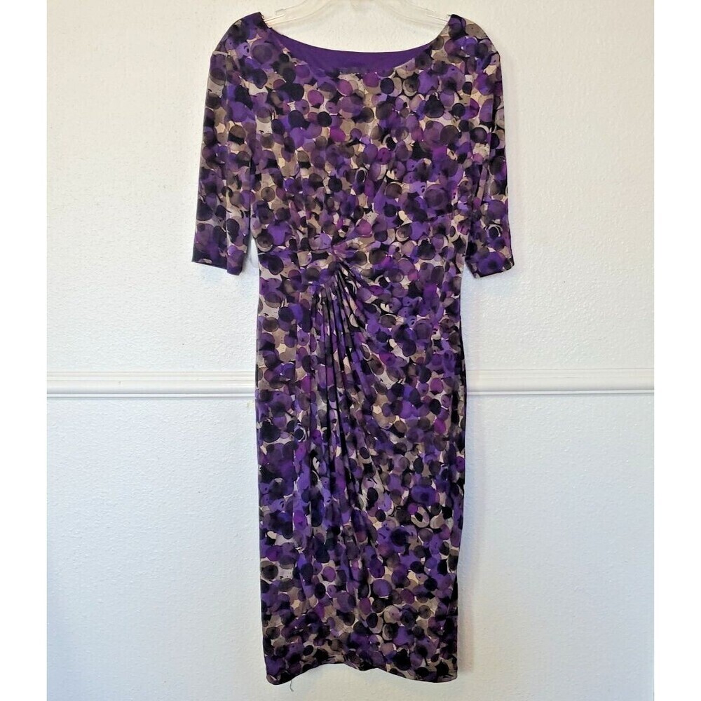 Connected Apparel Sheath Dress Ruched Side Purple 3/4 Sleeve Stretch Womens Sz 6
